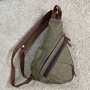 Unisex ANTIK KRAFT Olive Green CANVAS Brown LEATHER Backpack SLING BAG